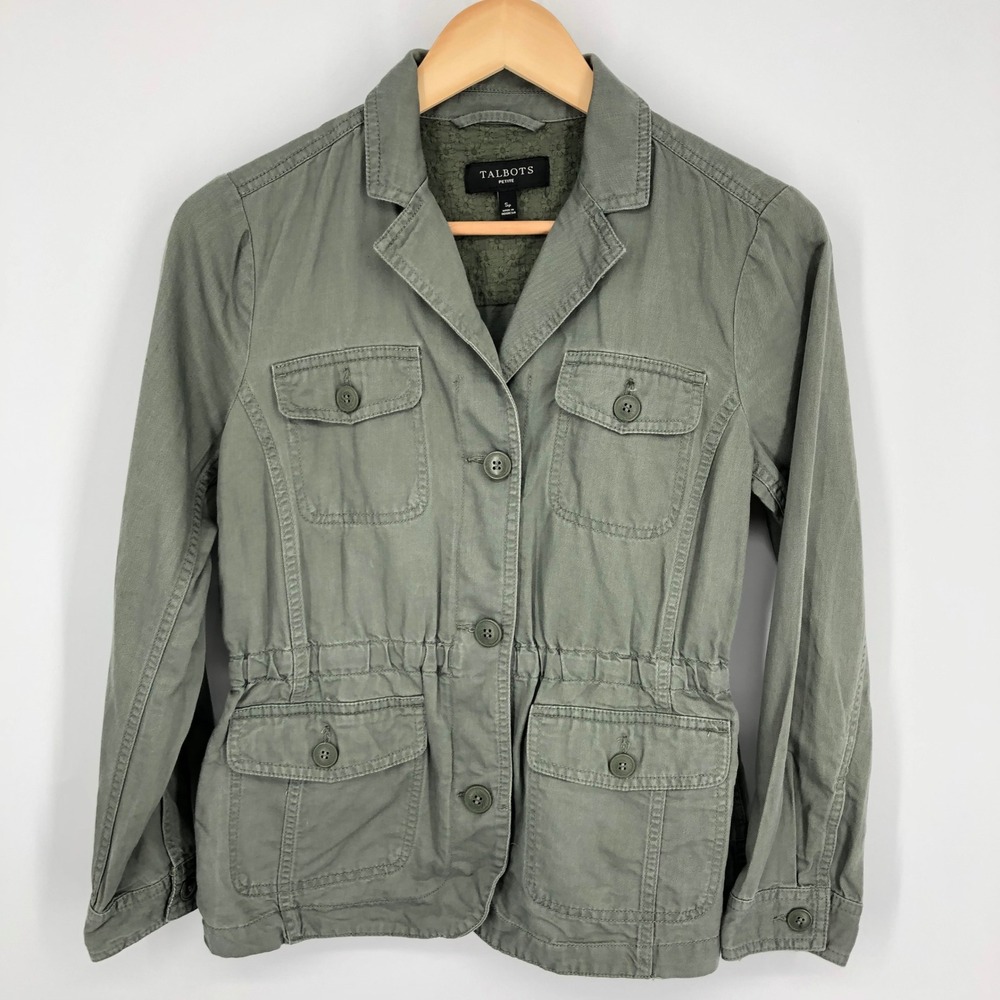 Talbots Womens Jacket Size Petite Small SP Sage Green Button Front Cinch Pockets